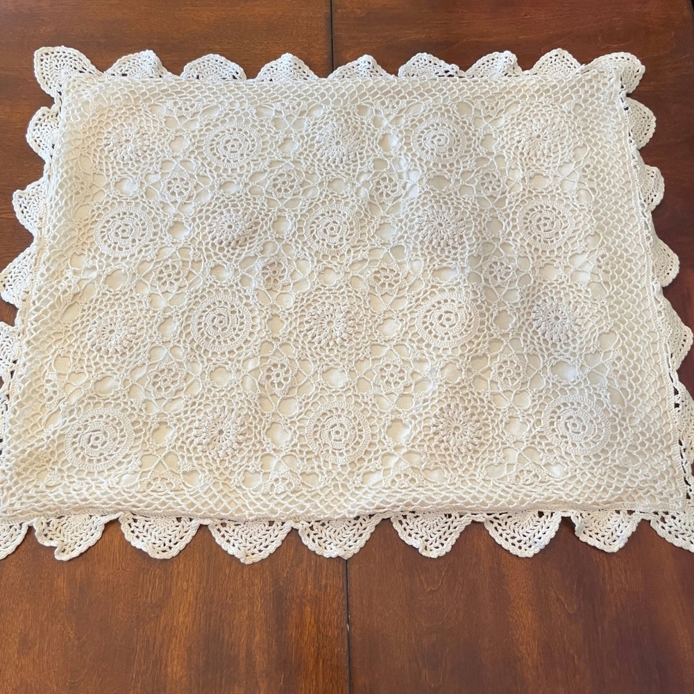 Vintage Crocheted Lace Pillow Sham Size Standard Cream Cotton Scalloped Cottage